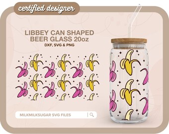 May include: A clear glass can-shaped beer glass with a straw and a wooden lid. The glass has a pattern of pink and yellow bananas with black outlines and white stars on a clear background. The glass is 20 ounces and is labeled "LIBBEY CAN SHAPED BEER GLASS 20oz". The text "DXF, SVG & PNG" and "MILKMILKSUGAR SVG FILES" are also visible.