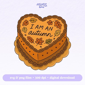Puede incluir: Ilustración de un pastel en forma de corazón con el texto "I AM AN autumn". El pastel es naranja con detalles marrones y hojas de otoño. Descarga digital en formatos SVG y PNG.