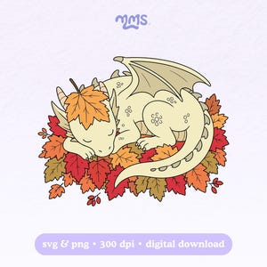 May include: A digital illustration of a cream-colored dragon sleeping on a pile of red, orange, and brown autumn leaves. The dragon has a single maple leaf on its head. The text "mms." appears at the top, and "svg & png • 300 dpi • digital download" at the bottom.
