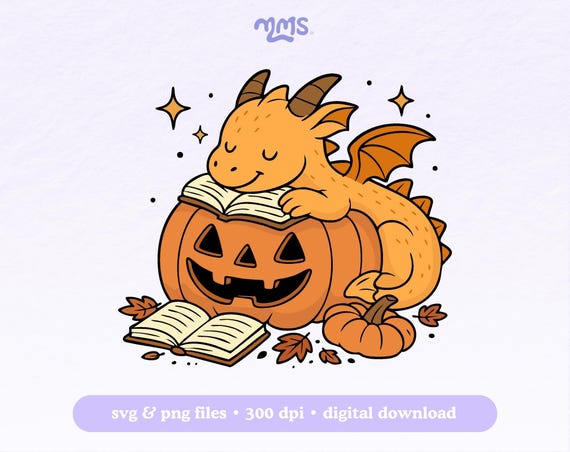 Sleeping Pumpkin Dragon Svg Png Cut File For Cricut, Fall Halloween Bookish Book, For Stickers, Bookmarks, Shirts, Libbey Cups, and Keychain
