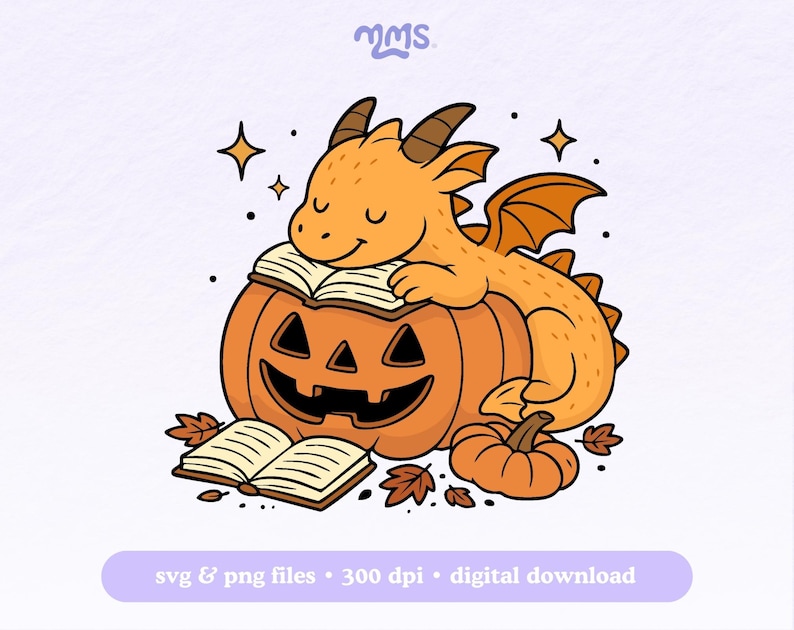 Peut inclure: Illustration de dessin anim&eacute; d'un dragon orange amical reposant sur une citrouille sculpt&eacute;e avec un livre ouvert. La citrouille a un visage souriant et est entour&eacute;e de feuilles et d'une petite citrouille. Le texte "svg & png files &bull; 300 dpi &bull; digital download" est inclus.