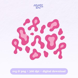 May include: A digital graphic file featuring a collection of pink leopard print spots in varying shapes and sizes. The design includes the text "mms." at the top and "svg & png • 300 dpi • digital download" at the bottom in white text.