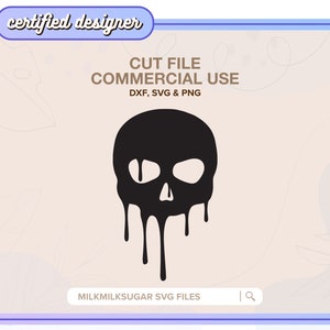 May include: A black and white digital illustration of a dripping skull. The skull is outlined in black and has white eyes. The dripping effect is created with black lines that extend from the skull's mouth and eyes.