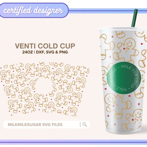 GINGERHEART ⟡ kerst peperkoek svg-bestand knippen voor Sbux venti cold cup, download svg png en dxf, cup wraps voor cricut en silhouette