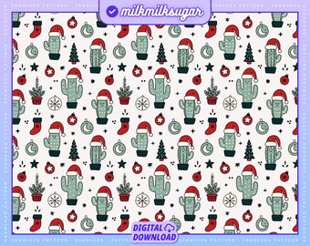 May include: A seamless pattern featuring a cactus wearing a Santa hat, surrounded by Christmas ornaments, snowflakes, stars, and a stocking. The background is white.