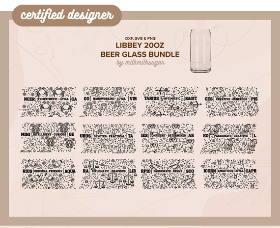 ZODIAC BUNDLE | astrology, zodiac sign svg libbey 20oz beer can glass svg cut wrap files, svg wrap files for cricut, includes png, svg & dxf