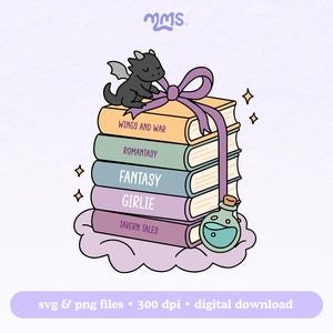 Fantasy Girlie Svg-bestand knippen voor Cricut, Booktok, leesgrage png voor Kindle-stickers, bladwijzers, shirts, Libbey-bekers en sleutelhangers | Boekenstapel