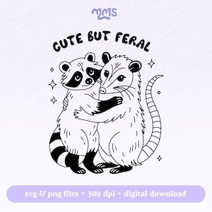 Arquivo de corte SVG fofo, mas selvagem, para Cricut e Silhouette, guaxinim e gambá engraçados SVG para adesivos, marcadores de página, camisetas, copos Libbey e chaveiros