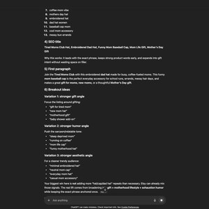 May include: A dark gray computer screen displays text on a black background. The text includes keywords and SEO information, such as "Tired Moms Club Hat" and "Mother's Day Gift". The screen is in a well-lit room.