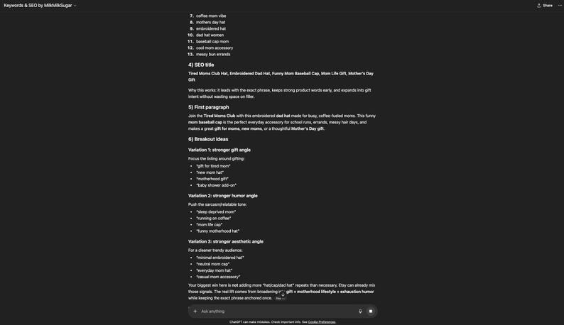 May include: A dark gray computer screen displays text on a black background. The text includes keywords and SEO information, such as "Tired Moms Club Hat" and "Mother's Day Gift". The screen is in a well-lit room.