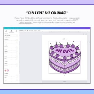 Op de afbeelding: Een digitale illustratie van een hartvormige taart met de tekst "UR CUTE" in paarse glazuur. De taart is versierd met kersen en staat op een witte achtergrond. De tekst "CAN I EDIT THE COLOURS?" is ook opgenomen.