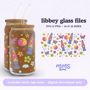 Emballage Svg Moment Y2K pour verre de canette Libbey 16 oz et 20 oz, marguerites rétro, Libbey Glass Svg, fleurs groovy Svg, style années 90 couper fichier Dxf Png Svg