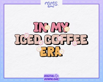 May include: A pink, yellow, and white graphic design with the text "In My Iced Coffee Era" with small flower accents.