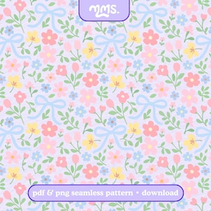May include: A seamless floral pattern on a pale purple background. The design features pink, yellow, and blue flowers, green leaves, and light blue bows. The text "pdf & png seamless pattern • download" is at the bottom of the image.