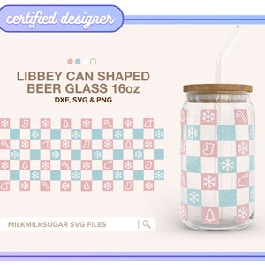 GERUITE PATROON SVG-wrap voor Libbey 16oz blikje glas, retro gesneden bestanden voor Cricut, retro dammen, retro kerst Svg | Kerstdammen