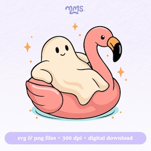 Op de afbeelding: Een cartoon illustratie van een vriendelijke geest die ontspant op een roze flamingo zwemband. De geest is crèmekleurig met een lachend gezicht. De flamingo heeft een zwarte snavel en is omringd door oranje ster accenten.