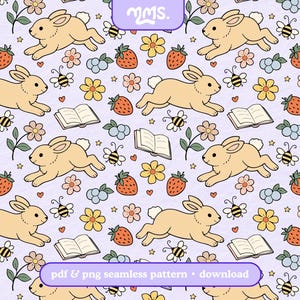 May include: A seamless pattern featuring running tan bunnies, bees, strawberries, flowers, blueberries, and open books on a light purple background. The pattern includes the text "pdf & png seamless pattern • download".