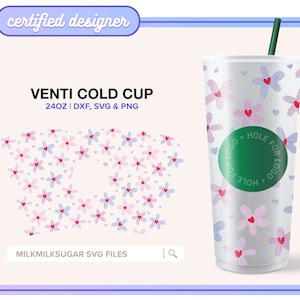Emballage SVG pour la Saint-Valentin pour tasses froides Sbucks 24 oz Venti, emballage de coupe froide coeurs, amour Svg, emballage floral coupe fichiers Svg Dxf Png | Coeurs de marguerite