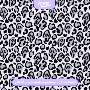 May include: A seamless pattern featuring a repeating graphic of a screaming ghost mask integrated into a leopard print design. The color palette consists of black, light gray, and white. The text "mms." appears at the top, and "pdf & png seamless pattern • download" is at the bottom.