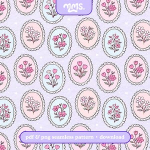May include: A seamless pattern featuring oval frames with floral illustrations in pink, white, and light blue. The frames are outlined with a scalloped edge on a lavender background. Text at the bottom reads "pdf & png seamless pattern • download".