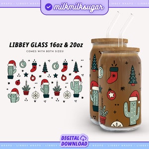 Envoltura de vidrio para latas de cactus navideños Libbey de 16 oz y 20 oz, Svg navideño, envoltura de Libbey de invierno, clipart de cactus navideños, Svg de vidrio para plantas Libbey