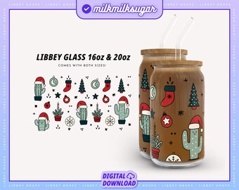 Christmas Cactus Libbey 16oz and 20oz Can Glass Wrap, Christmas Svg, Winter Libbey Wrap, Christmas Cacti Clipart, Plants Libbey Glass Svg