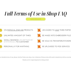 May include: A graphic with yellow smiley faces and red X marks. The smiley faces list uses for digital artwork, including on physical end use products, unlimited amount of times, for small businesses, and personally for anything. The red X marks list prohibited uses, including uploading to third parties, making embroidery files, selling as transfers or stickers, and uploading to print-on-demand services.
