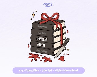 May include: A stack of five black books with red ribbon tied around them. The books have titles that read "Sharp Ends", "Dead Quiet", "Thriller", "Girlie", and "Final Chapter". A red knife is sticking out of the top book. Blood splatters are on the ground around the books.