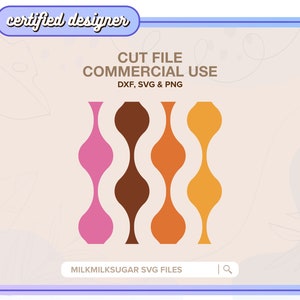 May include: Three wavy, abstract shapes in pink, brown, and orange. The shapes are arranged vertically and are outlined in black. The text "CUT FILE COMMERCIAL USE DXF, SVG & PNG" is above the shapes. The text "MILKMILKSUGAR SVG FILES" is below the shapes.