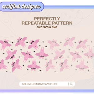 May include: A digital design featuring a repeating pattern of pink bats and black stars. The text "PERFECTLY REPEATABLE PATTERN" is displayed above the design, with "DXF, SVG & PNG" below. The words "certified designer" are at the top.