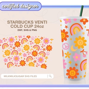 FLOWER SMILE SVG For Sbux Venti Cold Cup No Logo, Summer Svg for 24oz Tumbler, Cricut Cut Files Including Dxf, Png & Svg | Hippie Crush