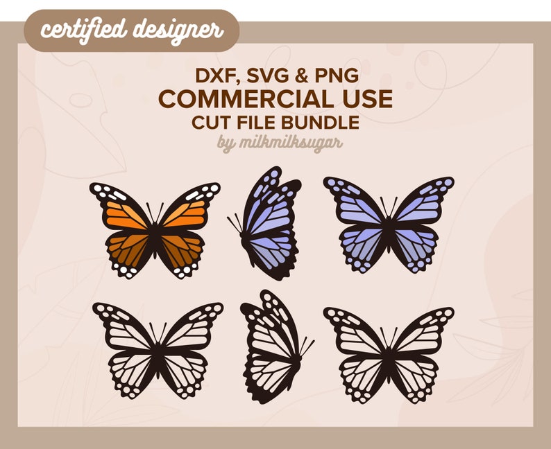 May include: Six butterfly cut files in various colors, including orange, blue, and black and white. The files are for commercial use and are available in DXF, SVG, and PNG formats.