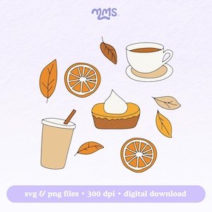 Pode incluir: Ilustrações com tema de outono. Inclui uma xícara de café, um copo para viagem com canudo, uma fatia de torta com chantilly, fatias de laranja e folhas de outono. O texto na parte inferior diz "svg & png files • 300 dpi • digital download."