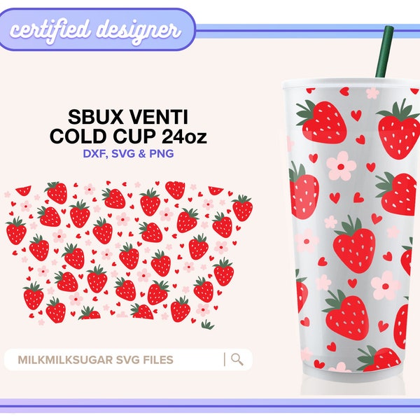 BERRY HEARTS SVG Wrap For 24oz Venti Cold Cups No Hole, Hearts Wrap Svg, Fruit Svg Wrap, Valentines Day Svg, Trendy Svg Cut File Svg Dxf Png