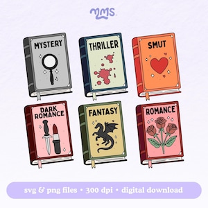 K&ouml;nnte beinhalten: Sechs bunte Buchcover mit verschiedenen Genres: Mystery, Thriller, Smut, Dark Romance, Fantasy und Romance. Jedes Cover zeigt ein einzigartiges Symbol, das das Genre repr&auml;sentiert.