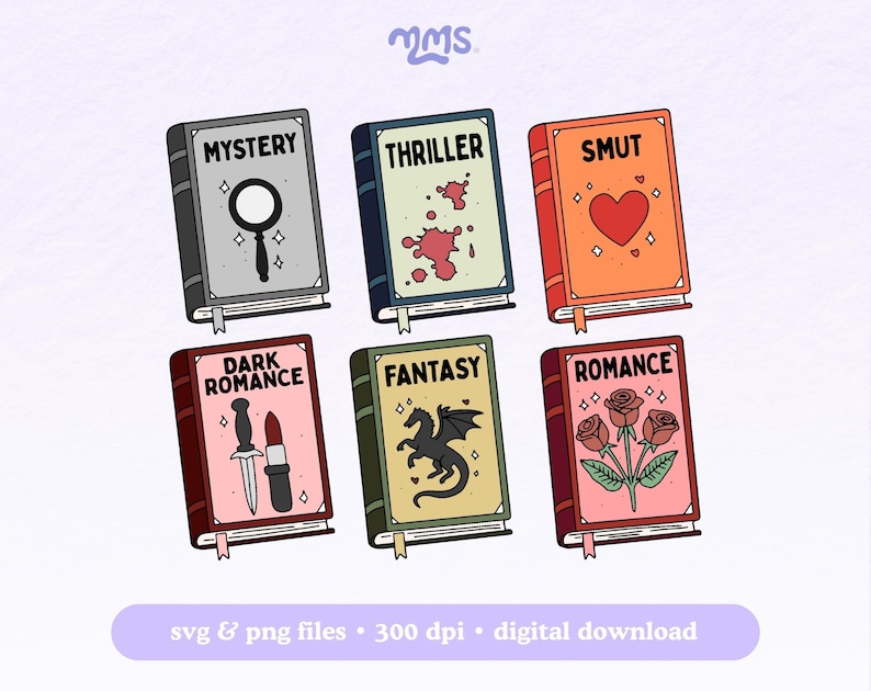 K&ouml;nnte beinhalten: Sechs bunte Buchcover mit verschiedenen Genres: Mystery, Thriller, Smut, Dark Romance, Fantasy und Romance. Jedes Cover zeigt ein einzigartiges Symbol, das das Genre repr&auml;sentiert.