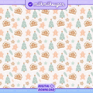 May include: A seamless pattern featuring gingerbread houses, gingerbread people, Christmas trees, and stars on a white background with a subtle white dot pattern. The pattern is in shades of brown, peach, green, and white.