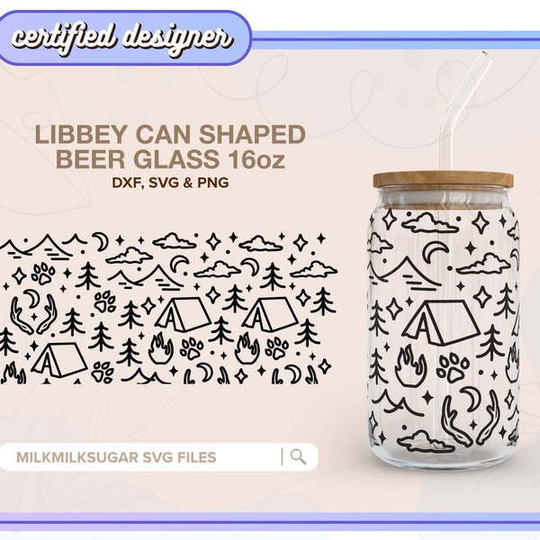 CAMPING SVG For Libbey 16oz Can Glass, Camp Svg, Aventure Svg, Outdoors Svg Pattern, Cricut Cut Files Include Dxf, Png & Svg | In Tents