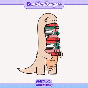May include: A cartoon illustration of a pink dinosaur holding a stack of colorful books. The dinosaur has a closed eye and a smile. The books are stacked on top of each other and have different colors, including red, green, and pink.