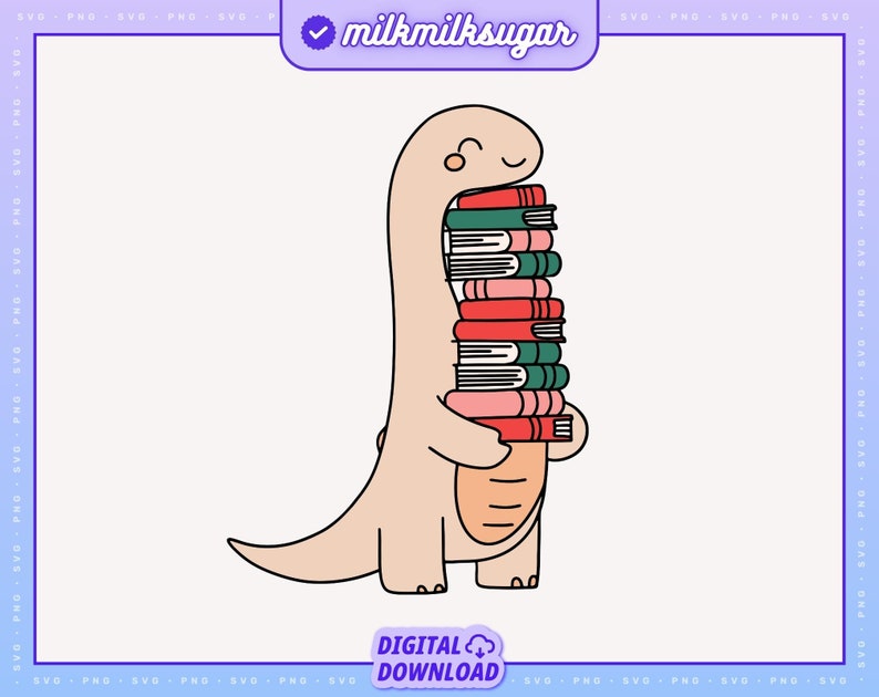 May include: A cartoon illustration of a pink dinosaur holding a stack of colorful books. The dinosaur has a closed eye and a smile. The books are stacked on top of each other and have different colors, including red, green, and pink.