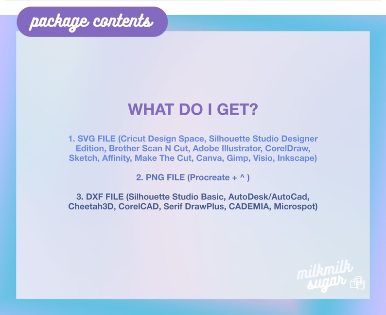 May include: A pink and blue graphic with the text "package contents" in a pink box at the top. The text "WHAT DO I GET?" is in a larger font size. The text below lists the different file types included in the package: SVG, PNG, and DXF. The file types are listed with the software programs that can open each file type. The text "milkmilk sugar" is in a pink box at the bottom of the graphic.