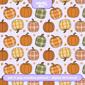 May include: A seamless pattern featuring various cartoon pumpkins in shades of orange, yellow, and green, with different patterns and textures. The pumpkins are scattered across a light purple background with small orange leaves. Text at the bottom reads "pdf & png seamless pattern • digital download."