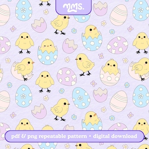 May include: A seamless pattern featuring pastel colored eggs, chicks, and broken eggshells on a light purple background. The pattern is perfect for Easter crafts and projects.
