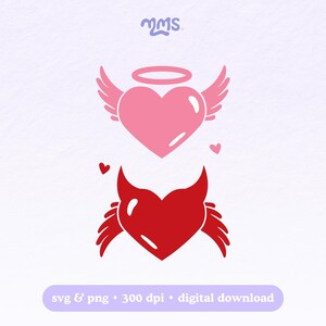 Archivo SVG/PNG de corazón de ángel y diablo, lindos iconos de amor de San Valentín, diseño de corazón alado rojo y rosa, corte para Cricut y Silhouette.