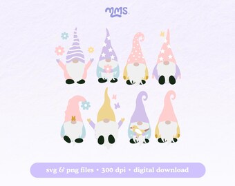 Gnomos de primavera (archivo SVG/PNG) para Cricut, lindos SVG de primavera, imágenes prediseñadas de primavera para pegatinas, marcapáginas, camisetas, tazas Libbey y llaveros de motel.