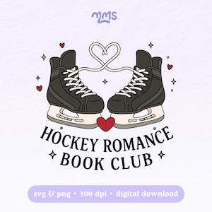 Puede incluir: Un gráfico digital con dos patines de hielo negros con cordones blancos, conectados por un diseño de cordones en forma de corazón. El texto "HOCKEY ROMANCE BOOK CLUB" está debajo, con corazones y estrellas. El texto inferior dice "svg & png • 300 dpi • descarga digital."