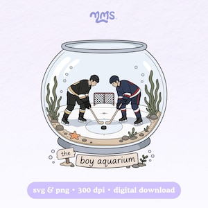 Puede incluir: Una ilustración caprichosa muestra a dos jugadores de hockey dentro de una pecera, con una red y un disco. Un jugador viste de negro y dorado, el otro de azul marino y rojo. El texto dice "the boy aquarium". La imagen incluye algas, burbujas y una estrella de mar.