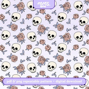 May include: A seamless pattern featuring pink roses and white skulls on a light purple background. The text "pdf & png repeatable pattern - digital download" is at the bottom of the image.