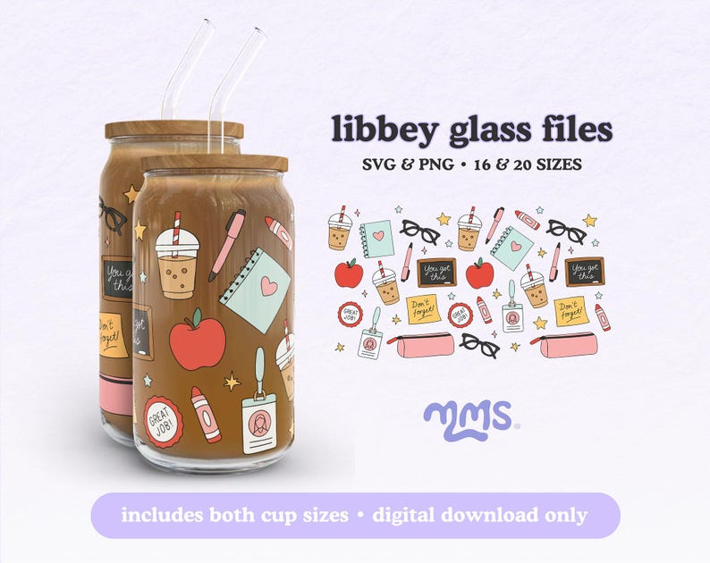 May include: Two glass tumblers with wooden lids and clear straws, filled with a brown beverage. The tumblers are decorated with school-themed stickers. The image also includes a pattern of school-related graphics and text that reads "libbey glass files".