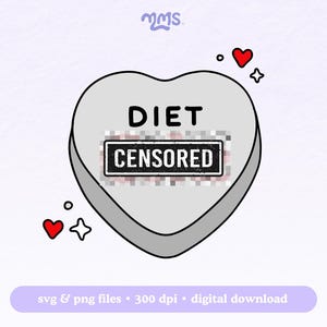 Peut inclure: Un bonbon blanc en forme de cœur avec le mot "DIET" imprimé dessus. Le mot "CENSORED" est imprimé en noir sur une image pixélisée.
